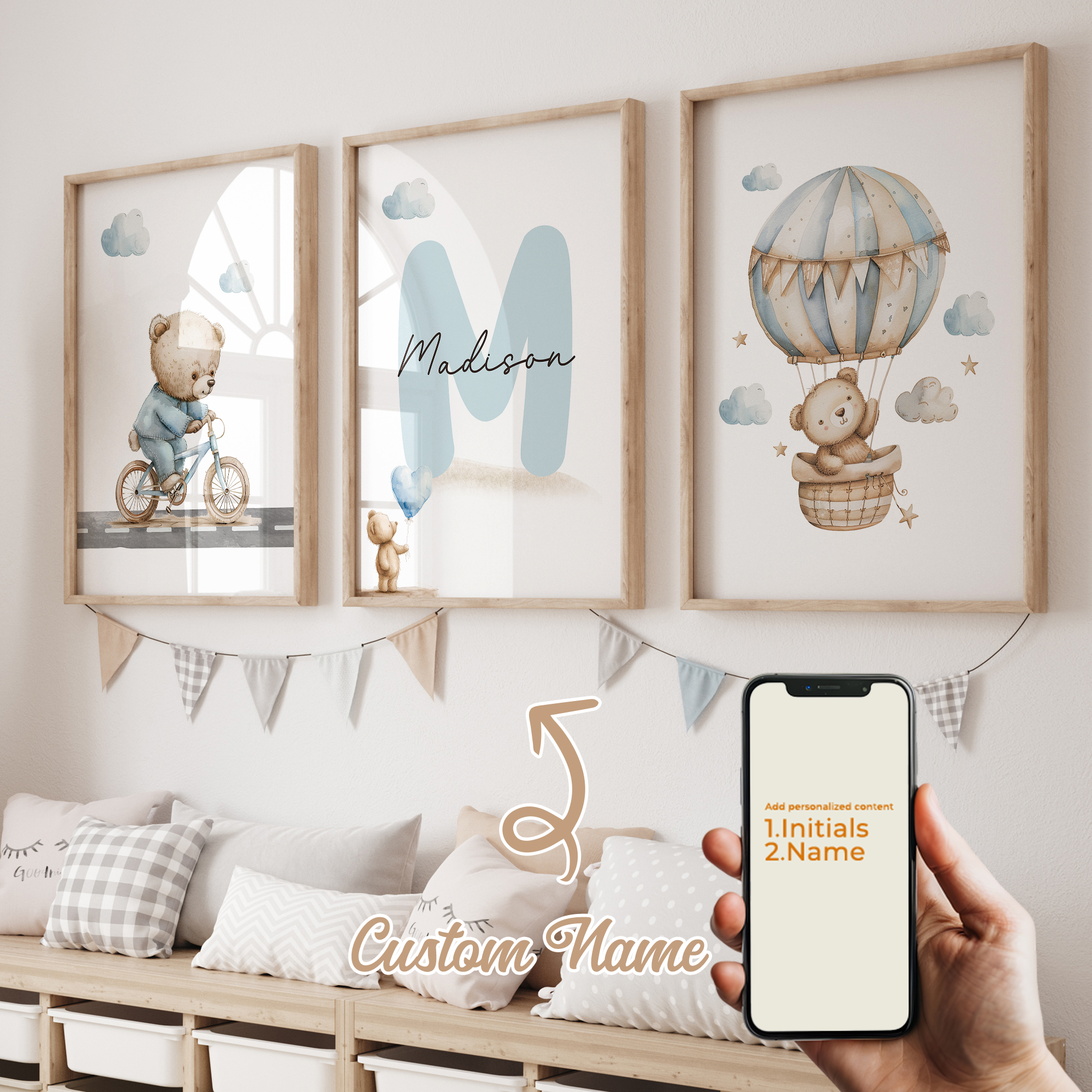 Interior Design Room - 3pcs Personalized Name Blue Bear Wall